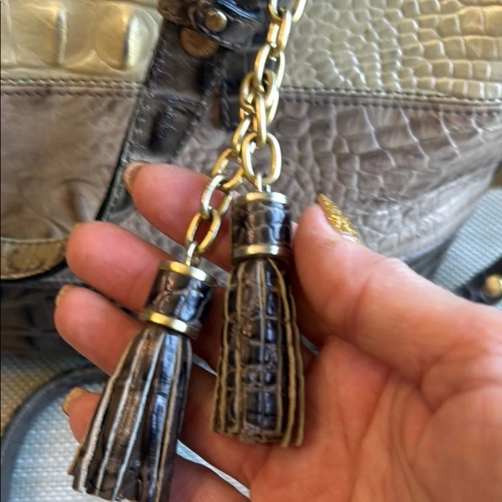 Brahmin Brown and Cream Satchel with Croc Embossed Leather - Picture 8 of 15